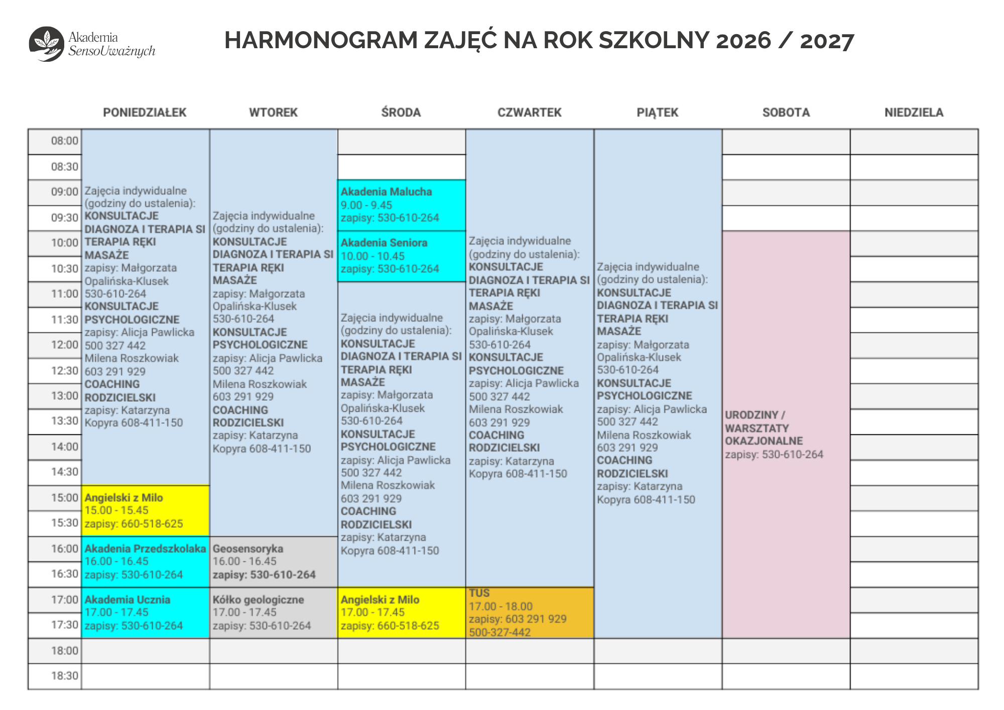 ZAJĘCIA 4 Harmonogram zajec na rok szkolny 2026 2027 1